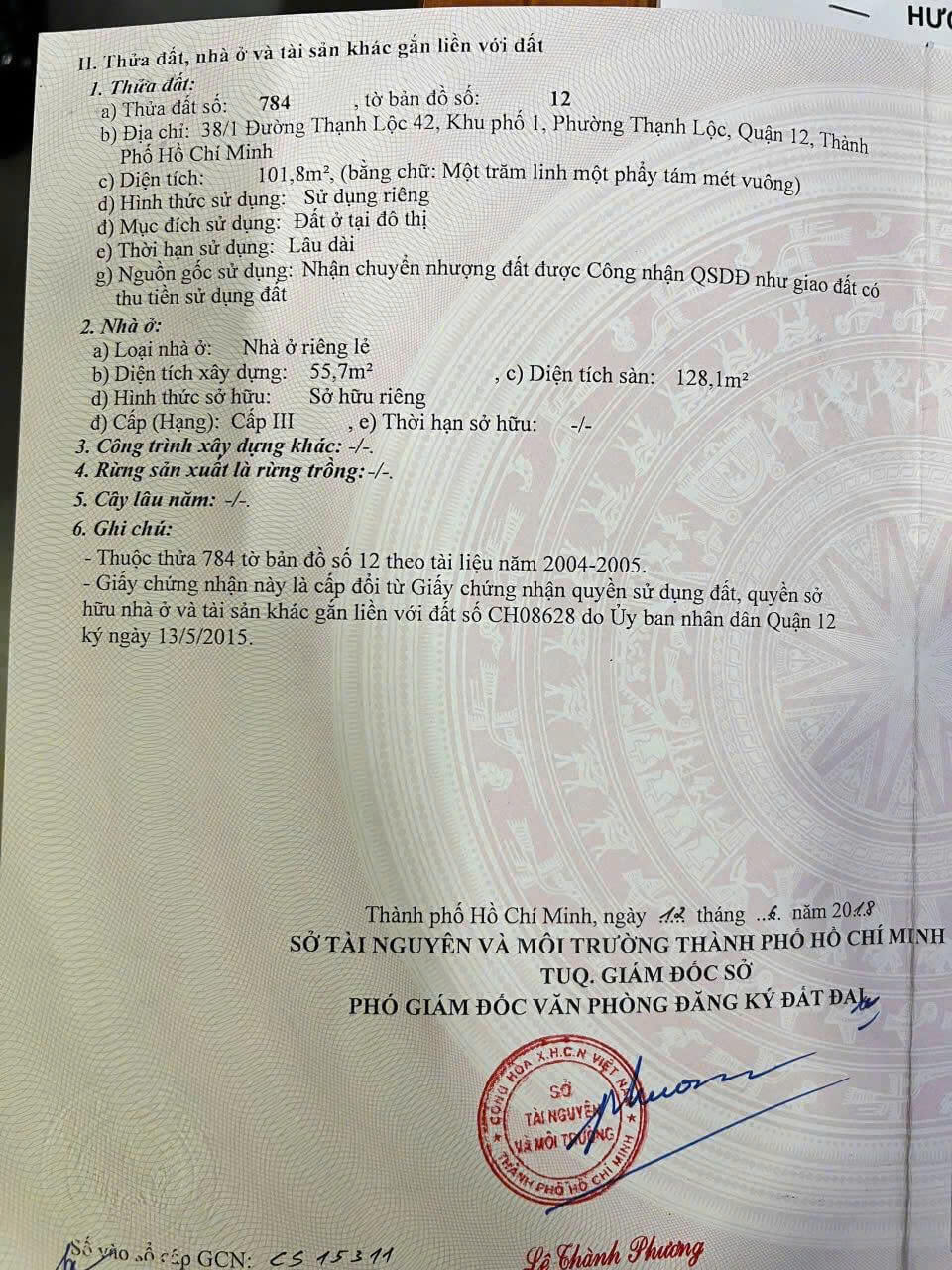 hình ảnh pháp lý Nhà 1 Trệt 2 Lầu Thạnh Lộc 42, Quận 12 2